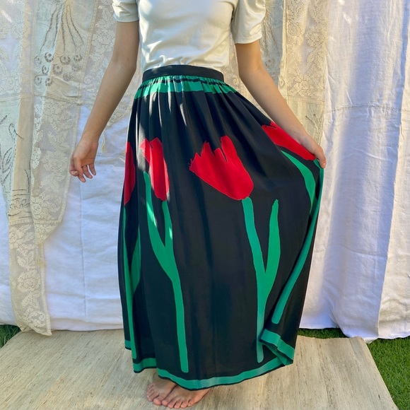 Vintage Silky Floral Tulips Butterfly Long Skirt - Picture 1 of 13